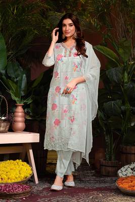 Sliver colour beautiful floral printed resham work heavy partywear salwar suit 1