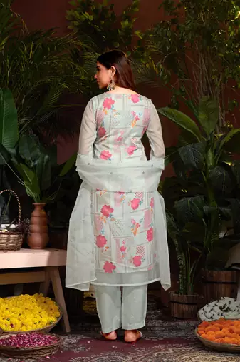 Sliver colour beautiful floral printed resham work heavy partywear salwar suit