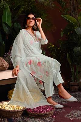 Sliver colour beautiful floral printed resham work heavy partywear salwar suit 3