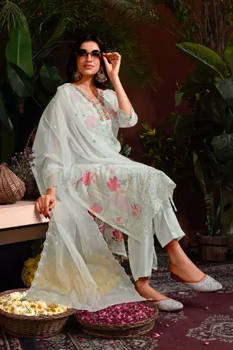 Sliver colour beautiful floral printed resham work heavy partywear salwar suit