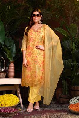 Mustard colour beautiful floral printed resham work heavy partywear salwar suit 1
