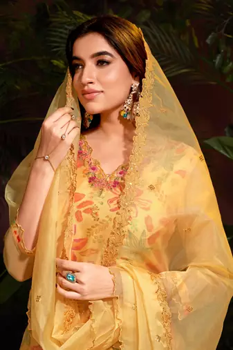 Mustard colour beautiful floral printed resham work heavy partywear salwar suit