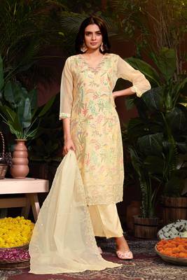 Beige colour beautiful floral printed resham work heavy partywear salwar suit 1
