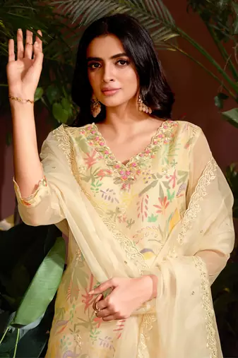 Beige colour beautiful floral printed resham work heavy partywear salwar suit