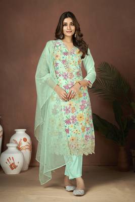 Sea green colour beautiful floral printed resham work heavy partywear salwar suit 1