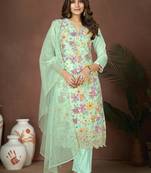 Sea green colour beautiful floral printed resham work heavy partywear salwar suit