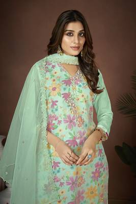 Sea green colour beautiful floral printed resham work heavy partywear salwar suit 2