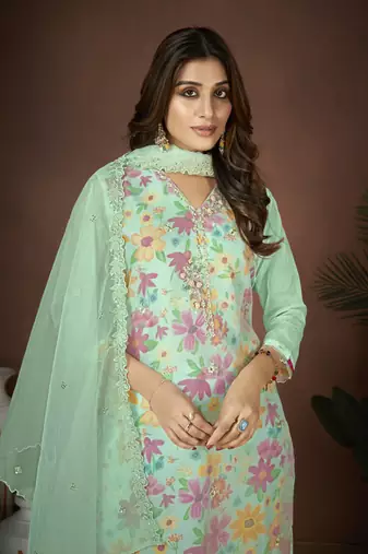 Sea green colour beautiful floral printed resham work heavy partywear salwar suit