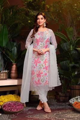 Grey colour beautiful floral printed resham work heavy partywear salwar suit 1