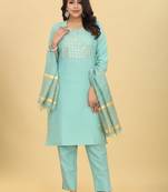 Sea green colour ethnic festive wear cotton fabric sober casual embroidered dress