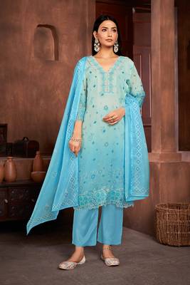 Beautiful blue colour organza fabric girlish readymade suit 1