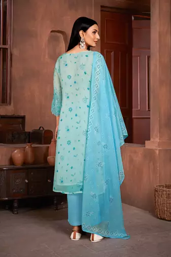 Beautiful blue colour organza fabric girlish readymade suit