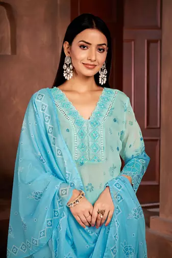 Beautiful blue colour organza fabric girlish readymade suit