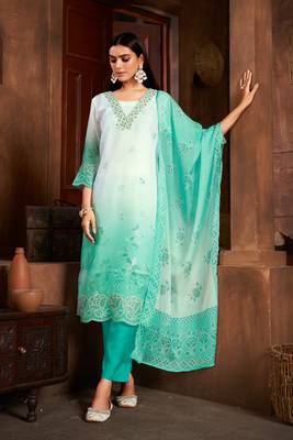 Beautiful sea green colour organza fabric girlish readymade suit 1
