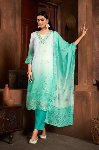 Beautiful sea green colour organza fabric designer girlish readymade suit