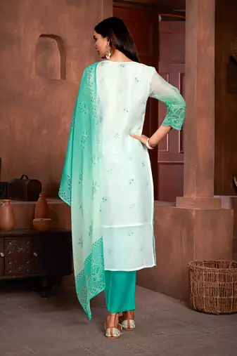 Beautiful sea green colour organza fabric girlish readymade suit
