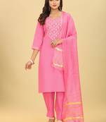 Pink colour ethnic festive wear cotton fabric sober casual embroidered dress