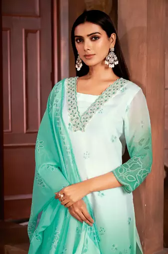 Beautiful sea green colour organza fabric girlish readymade suit