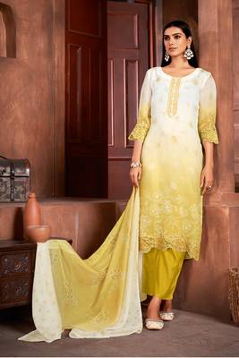 Beautiful mustard colour organza fabric girlish readymade suit 1