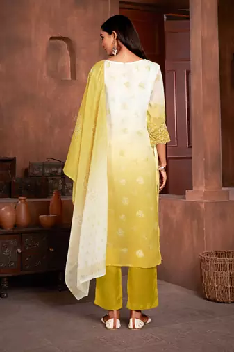Beautiful mustard colour organza fabric girlish readymade suit