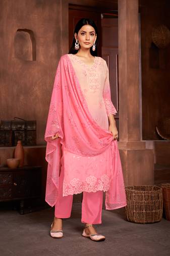 Beautiful pink colour organza fabric designer girlish readymade suit