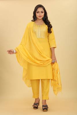 Yellow colour ethnic festive wear cotton fabric sober casual embroidered dress 1
