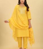 Yellow colour ethnic festive wear cotton fabric sober casual embroidered dress