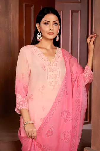 Beautiful pink colour organza fabric girlish readymade suit