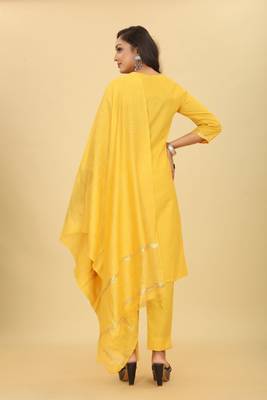 Yellow colour ethnic festive wear cotton fabric sober casual embroidered dress 2