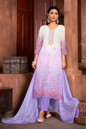Beautiful lavender colour organza fabric designer girlish readymade suit