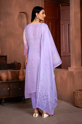 Beautiful lavender colour organza fabric girlish readymade suit