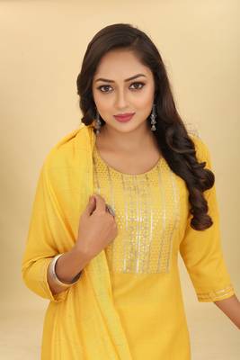 Yellow colour ethnic festive wear cotton fabric sober casual embroidered dress 3