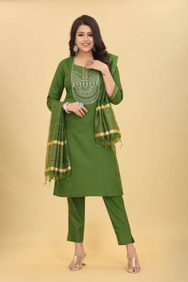 Green colour ethnic festive wear cotton fabric sober casual embroidered dress 1