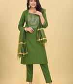 Green colour ethnic festive wear cotton fabric sober casual embroidered dress