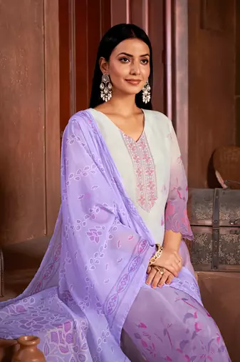 Beautiful lavender colour organza fabric girlish readymade suit
