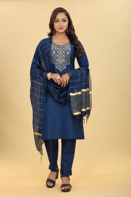 Blue colour ethnic festive wear cotton fabric sober casual embroidered dress 1