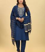 Blue colour ethnic festive wear cotton fabric sober casual embroidered dress