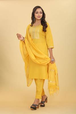 Yellow colour ethnic festive wear cotton fabric sober casual embroidered dress 4