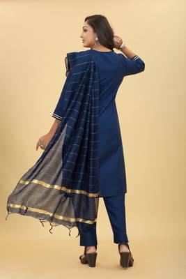 Blue colour ethnic festive wear cotton fabric sober casual embroidered dress 2