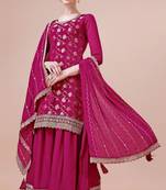 Glam and glamorous pink colour chinon fabric girlish trendy sharara dress for weddings