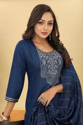 Blue colour ethnic festive wear cotton fabric sober casual embroidered dress 3