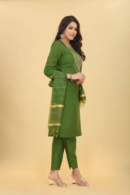 Green colour ethnic festive wear cotton fabric sober casual embroidered dress 4
