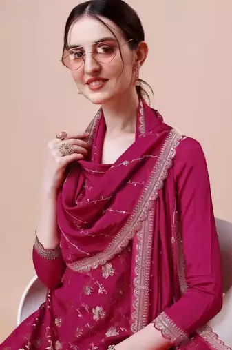 Glam and glamorous pink colour chinon fabric girlish trendy sharara dress for weddings
