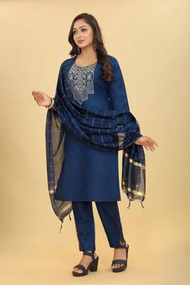 Blue colour ethnic festive wear cotton fabric sober casual embroidered dress 4