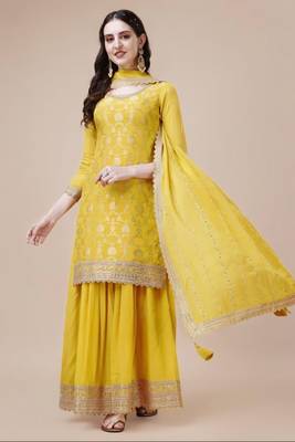 Glam and glamorous yellow colour chinon fabric girlish trendy sharara dress for weddings 1