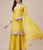 Glam and glamorous yellow colour chinon fabric girlish trendy sharara dress for weddings