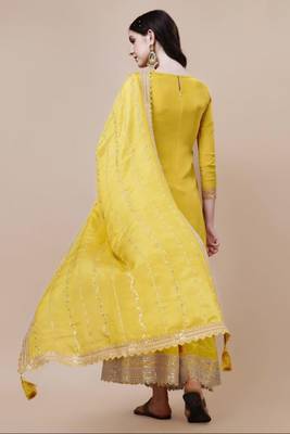 Glam and glamorous yellow colour chinon fabric girlish trendy sharara dress for weddings 2