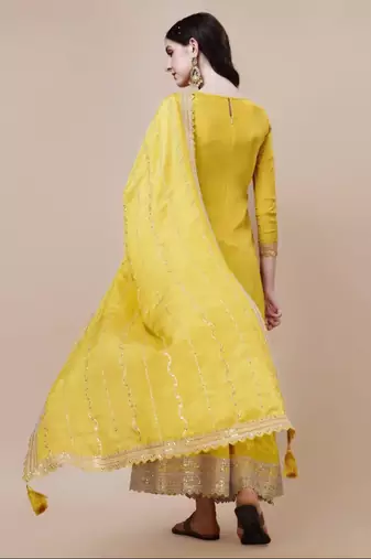 Glam and glamorous yellow colour chinon fabric girlish trendy sharara dress for weddings