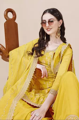Glam and glamorous yellow colour chinon fabric girlish trendy sharara dress for weddings
