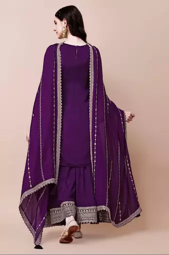 Glam and glamorous lavender colour chinon fabric girlish trendy sharara dress for weddings